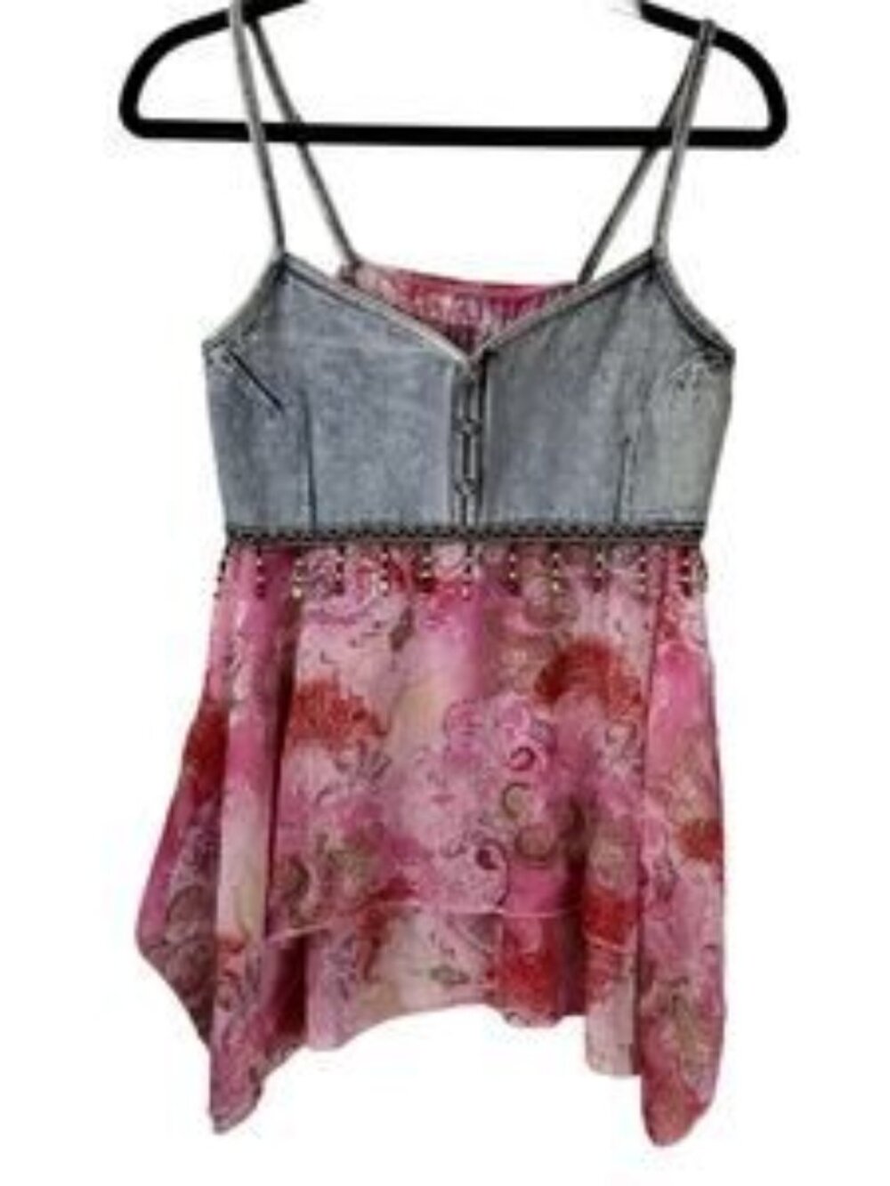 Vacation Top Spaghetti Strap Denim Handkerchief Floral Top Size XS